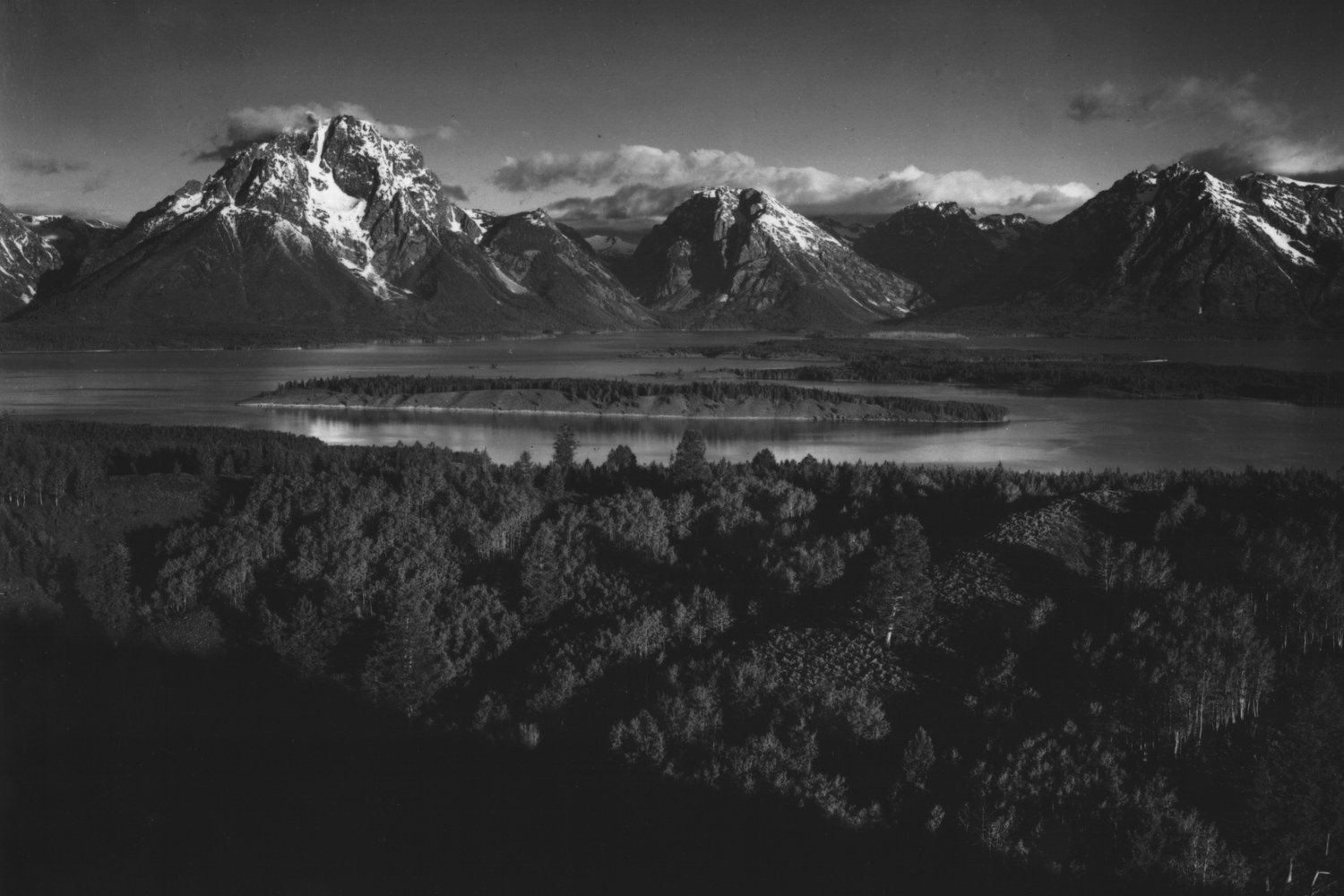 Mount Moran and Jackson Lake from Signal Hill, in black and white.